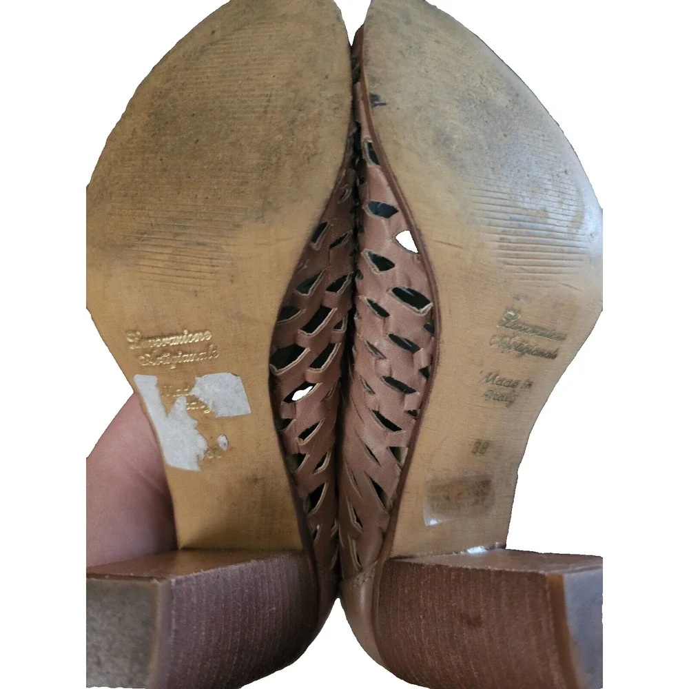 Piampiani Italian Tan Leather Laser-Cut Peep Toe Women's Ankle Booties Size 8 - Picture 6 of 6